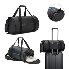 OSASCO SPORT. Cylindrical sports bag in high-density 600D recycled polyester with side compartment for shoes