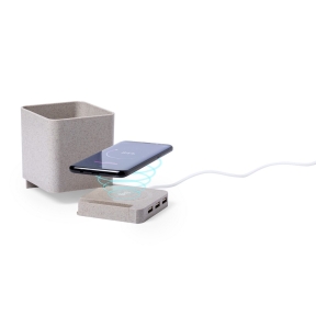 Wheat straw wireless charger 5W, USB hub 2.0, pen holder, phone stand