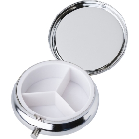 Metal pill box with 3 compartments, mirror